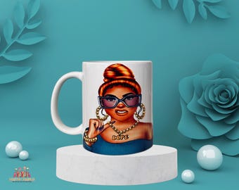 Rhinestone-studded coffee mugs personalized with unique designs. Perfect for bling lovers.