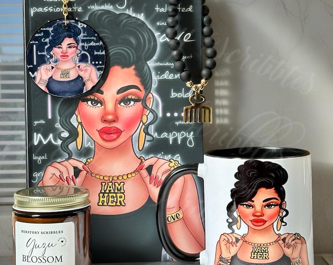 Featured listing image: Black Woman Empowerment Gift Set: Journal, Mug, Candle & Bracelet