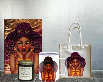 Black Woman Journal Mug Tote & Candle Gift Set | Self Care Gift for Her | Affirmation Bundle | Relaxation Box | Afrocentric Gift