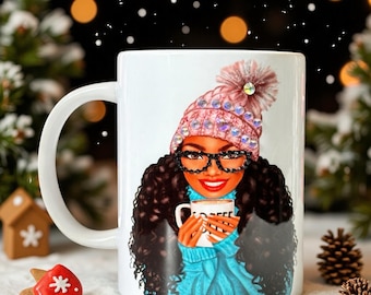 Personalized Cozy Winter Mug Gift Set. Black Girl Magic Coffee Cup Stylish Winter Woman Illustration . Christmas Gift For Her. Cozy Holiday