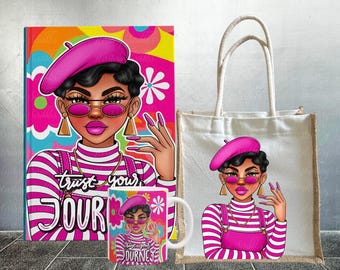 Black Woman Journal Mug Tote & Candle Gift Set | Self Care Gift for Her | Affirmation Bundle | Relaxation Box | Afrocentric Gift
