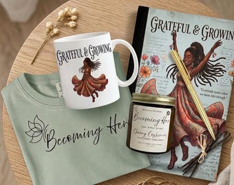 Grateful & Growing Self-Care Bundle, Journal, Mug, Candle, Tee. Gift for Black Women