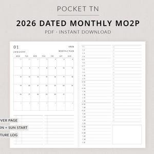 May include: A white planner page with the text "POCKET TN" and "2026 DATED MONTHLY MO2P". The page includes a calendar for January 2026, a monthly plan, and sections for notes. The text "PDF • INSTANT DOWNLOAD" is also present.