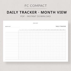 Op de afbeelding: Een printbare dagelijkse tracker met een maandelijkse weergave. De tracker is ontworpen in een compact formaat en heeft een rasterindeling met genummerde dagen van de maand. De tekst "MONTH OF" en "DAILY TRACKER" staat bovenaan de pagina.