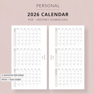 Puede incluir: Un calendario minimalista de 2026 con un fondo rosa claro. El calendario es un PDF para descarga instantánea y presenta un diseño de tres meses por página. El diseño incluye el texto "Personal" y "Rose & Mist."