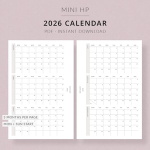 Puede incluir: Calendario minimalista de 2026, disponible como descarga instantánea en PDF. El diseño presenta un fondo claro con dos páginas de calendario, cada una mostrando tres meses. El texto incluye "MINI HP", "3 MONTHS PER PAGE" y "MON + SUN START".