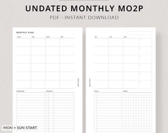 Monthly Planner Undated MO2P | FC Compact Printable Planner - Month at a glance, Monthly overview, Bill tracker, FCC Compact size inserts