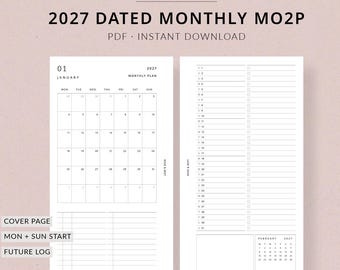 2027 monthly planner printable MO2P | Filofax Personal size planner inserts printable monthly planner, month at a glance planner printable