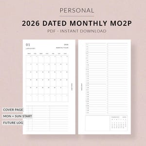 Puede incluir: Un planificador mensual fechado 2026 blanco con el texto "PERSONAL" y "2026 DATED MONTHLY MO2P PDF • INSTANT DOWNLOAD". El planificador incluye un calendario de enero, un plan mensual y un registro futuro. El planificador es de Rose & Mist.