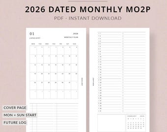 2026 monthly planner printable MO2P | Filofax Personal size planner inserts printable monthly planner, monthly at a glance planner printable