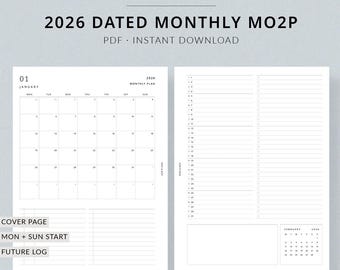 2026 Monthly Planner MO2P | Classic HP Printable Planner - 2026 planner, 2 page monthly planner, Classic Happy Planner size inserts
