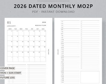 2026 Monthly Planner MO2P | POCKET PLUS Printable Planner - Dated monthly pages, 2026 planner, Month at a glance, Pocket XL inserts