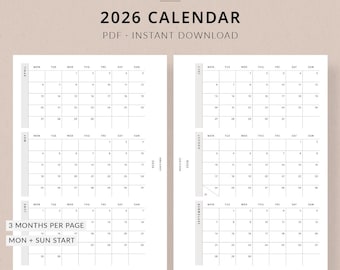Calendario 2026, Planificador imprimible A5 - Planificador con fechas para 2026, organizador anual, hojas de planificación tamaño A5
