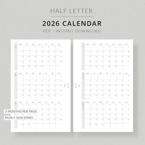 Puede incluir: Calendario 2026 en blanco y negro, tamaño media carta, con tres meses por página. El calendario comienza el lunes y el domingo. Incluye el texto "PDF + DESCARGA INSTANTÁNEA".