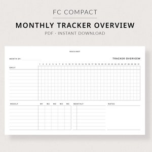 Puede incluir: Un resumen de seguimiento mensual imprimible en blanco y negro con el texto "FC Compact" y "Rose & Mist" en la parte superior. El imprimible tiene secciones para el seguimiento diario, semanal y mensual, así como una sección de notas.