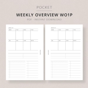 以下が含まれることがあります： 週ごとの概要レイアウトの白いポケットサイズのプランナーページ。ページには、週の各曜日、メモセクション、および追加のリスト用のスペースが含まれています。ページには「WEEKLY OVERVIEW WO1P」と「PDF • INSTANT DOWNLOAD」というテキストが含まれています。