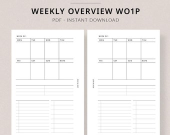 Weekly Overview WO1P #305 | Pocket Printable Planner Filofax pocket size planner printable download pocket printable weekly planner refills