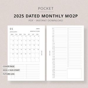 2025 Monthly Planner MO2P | POCKET Printable Planner - Dated monthly pages, 2025 planner, Month at a glance, Pocket inserts