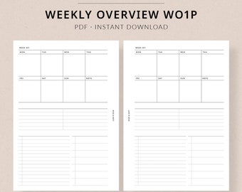 Weekly Overview WO1P #305 | Personal Wide Printable Planner - Weekly one page, Personal wide planner inserts printable weekly