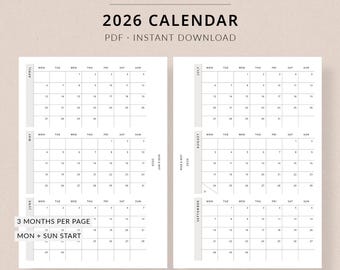 2026 Calendar, Personal Wide Printable Planner - Dated 2026 planner, calendar year tracker, personal wide size planner inserts