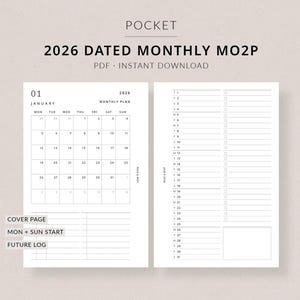 Puede incluir: Un planificador mensual de 2026 imprimible en tamaño de bolsillo, con un diseño de calendario para enero y una lista de tareas. El diseño incluye el texto "2026 DATED MONTHLY MO2P" y "PDF - DESCARGA INSTANTÁNEA". El planificador está etiquetado como "#104 ROSE & MIST".