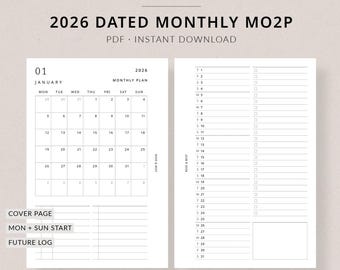2026 Monthly Planner MO2P | POCKET Printable Planner - Dated monthly pages, 2026 planner, Month at a glance, Pocket inserts