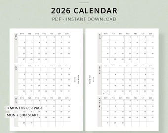 2026 Calendar, A6 Printable Planner - Dated 2026 planner, calendar year tracker, A6 size planner inserts year at a glance