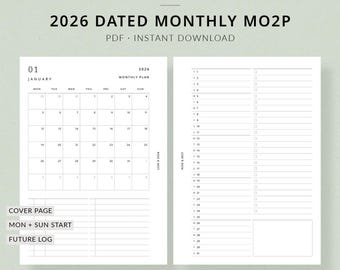 2026 Monthly Planner MO2P | A6 Printable Planner - Dated monthly pages, Minimalist monthly planner, Month at a glance, A6 planner inserts