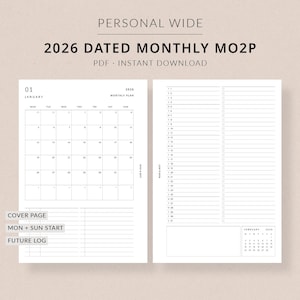 May include: A white 2026 dated monthly planner insert with the text "Personal Wide" and "PDF - Instant Download". The planner includes a calendar, a monthly plan, and a future log. The color scheme is black and white.