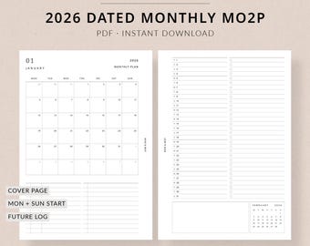 2026 monthly planner printable MO2P | Personal Wide size planner inserts printable monthly planner, monthly at a glance planner printable
