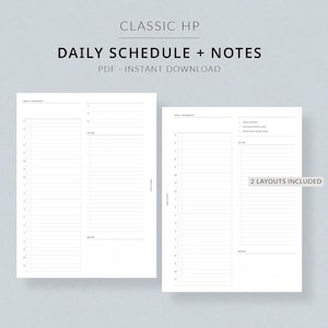 Könnte beinhalten: Zwei druckbare Seiten mit Tagesplan und Notizen im klassischen Stil. Die Seiten sind weiß mit schwarzem Text und Linien. Der Text auf der Seite lautet "Tagesplan" und "Notizen". Der Text oben auf der Seite lautet "Classic HP Tagesplan + Notizen PDF - Sofort-Download #401 Rose & Mist 2 Layouts enthalten".