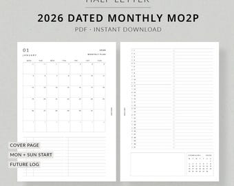 2026 Monthly Planner MO2P | Half Letter Printable Planner - 2026 planner Half Letter monthly overview Minimalist monthly at a glance