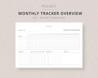 Monthly Tracker Overview | Pocket Planner Printable - Daily weekly monthly tracker, Pocket planner inserts, Cleaning routine