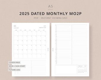 A5 2025 Monthly Planner Printable MO2P | A5 monthly planner inserts, monthly overview printable planner, monthly at a glance planner