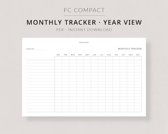 May include: A black and white printable monthly tracker with the title "Monthly Tracker Year View" and the text "FC Compact" at the top. The tracker is divided into 12 months, with each month having a column for notes. The tracker is designed for use with a PDF instant download.
