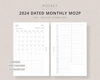 2024 Monthly Planner MO2P | POCKET Printable Planner - Dated monthly pages, 2024 planner, Month at a glance, Pocket inserts