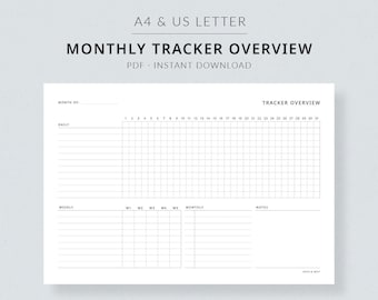 May include: A white printable monthly tracker overview with the text "A4 & US LETTER" and "MONTHLY TRACKER OVERVIEW". The tracker includes sections for daily and weekly tracking, with space for notes. The document is a PDF and available for instant download.