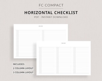 May include: A printable checklist template in two different layouts: two columns and three columns. The template is designed for horizontal use and is labeled "FC Compact Horizontal Checklist".