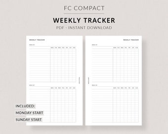 May include: A printable weekly planner with two pages, one for Monday start and one for Sunday start. The planner is titled "FC Compact Weekly Tracker" and includes the text "PDF - Instant Download".
