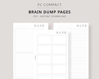 May include: Two printable brain dump pages in a compact size. The first page has a dotted grid and the second page has lined sections for writing and a blank section for drawing.