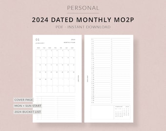 2024 Monthly Planner MO2P | Personal Printable Planner - 2024 planner, 2 page monthly planner, Filofax personal size inserts