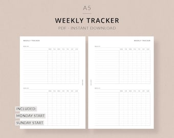 May include: Printable A5 weekly planner with a simple design. The planner includes two pages, one for a Monday start week and one for a Sunday start week. The planner is labeled "#117 Rose & Mist".
