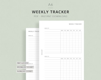 May include: Printable A6 weekly planner with two layouts: Monday start and Sunday start. The planner has a simple design with lines for writing and a grid for scheduling. The text "#117 ROSE & MIST" is at the bottom of the page.