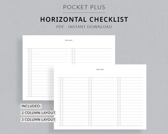 Puede incluir: Una plantilla de lista de verificación imprimible en formato PDF. La lista de verificación tiene dos diseños: un diseño de dos columnas y un diseño de tres columnas. El texto "POCKET PLUS HORIZONTAL CHECKLIST PDF - INSTANT DOWNLOAD" está en la parte superior de la página. El texto "INCLUDED: 2 COLUMN LAYOUT 3 COLUMN LAYOUT" está en la parte inferior de la página. El texto "#115 ROSE & MIST" está en la parte inferior de la página.
