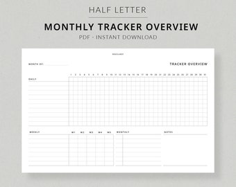 May include: A printable monthly tracker overview in half letter size. The tracker has sections for daily, weekly, and monthly tasks, as well as a notes section. The tracker is designed to help you stay organised and on track with your goals.