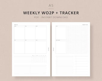 Weekly Planner WO2P + Tracker | A5 Planner Printable - Habit tracker, Meal plan, A5 planner inserts, A5 Weekly insert printable