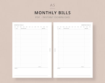 Monthly Bills Tracker | A5 Planner Printable - A5 monthly bill tracker printable, A5 planner inserts, Monthly budget planner, Finance insert