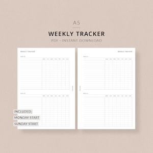Weekly Tracker | A5 Planner Printable - Weekly task tracker, A5 planner inserts, Daily weekly routine, Undated weekly tracker, Habit tracker