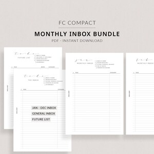 Op de afbeelding: Een printbare maandelijkse inboxbundel in een minimalistische stijl met een roze en mist kleurenschema. De bundel bevat een toekomstige lijst, een algemene inbox en een inbox van januari tot december.