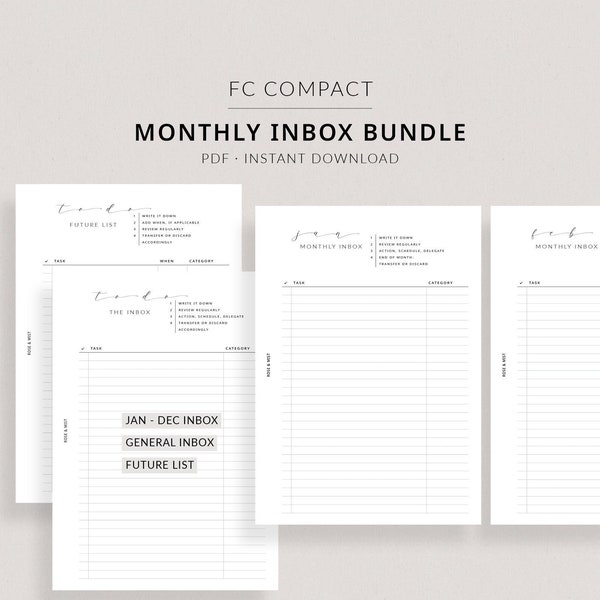 Monthly Inbox Bundle | FC Compact Printable Planner - Inbox list printable, Inbox tracker, Franklin Covey planner inserts, Categorized tasks